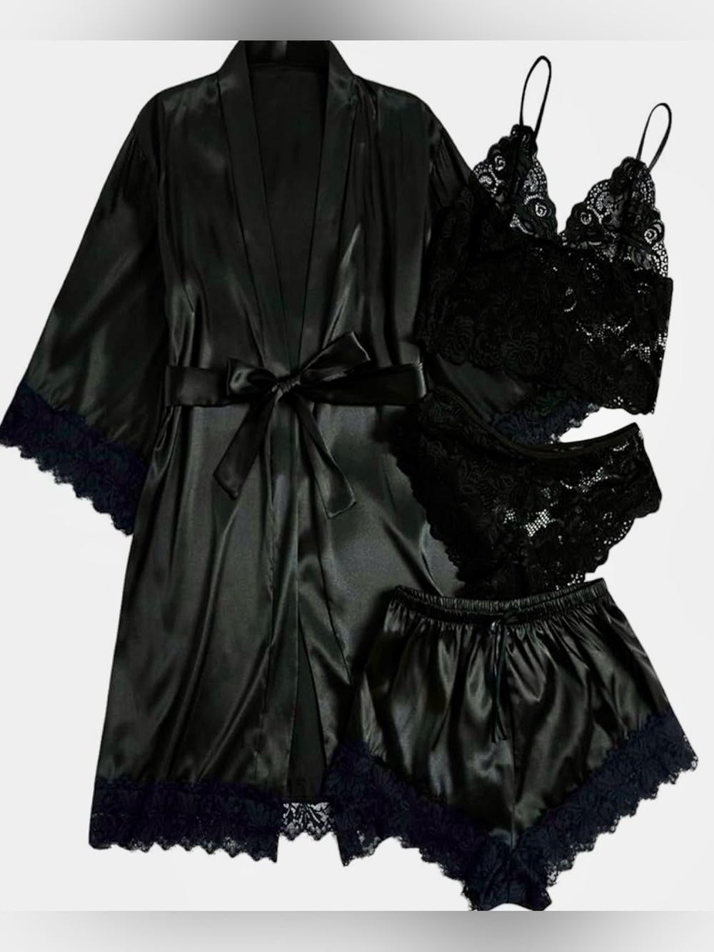 4 Piece Womens Silk Satin Lingere Pajamas Set~Lace Cami Sleepwear w/Robe *NWT*